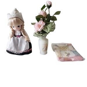 3 item Precious Moments Bundle Vase Tablecloth Farm Girl Blonde Pigtail Doll